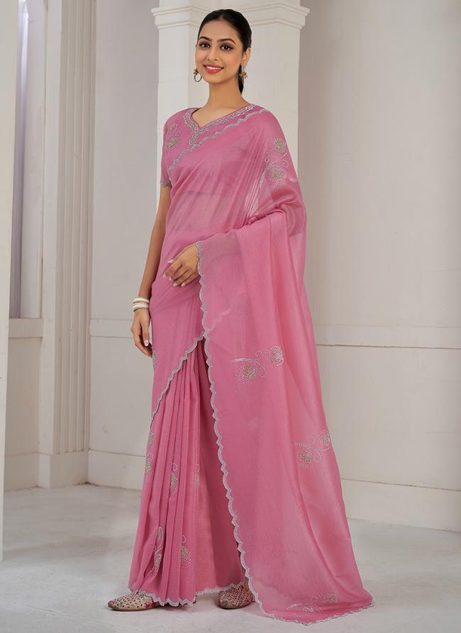 Silk Dusty Pink Party Wear Hand Work Saree